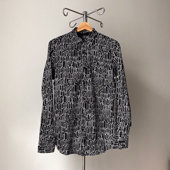 🌿 Black & White Geometric Print Semi Fitted Cotton Button Down Shirt by Le 31 - Picture 1 of 9